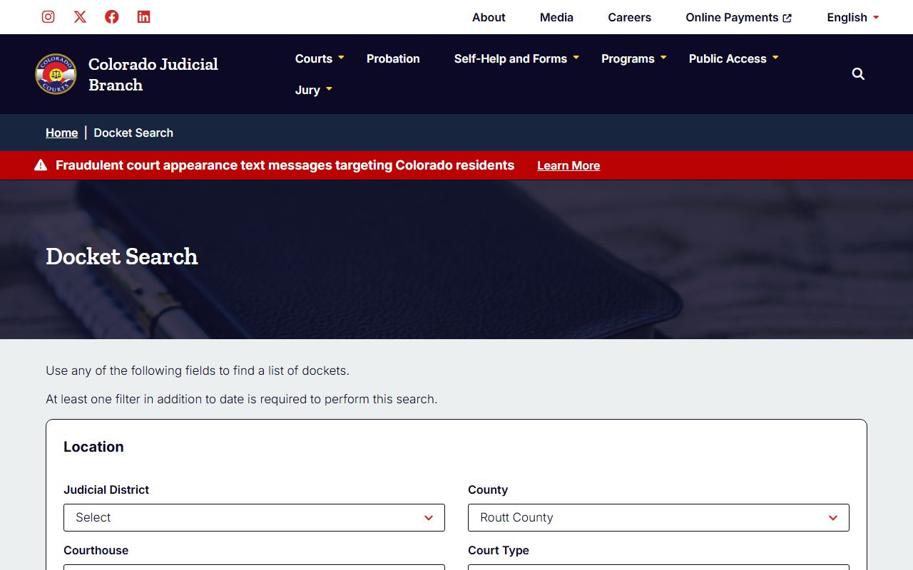 Colorado Judicial docket search filtered to Routt County