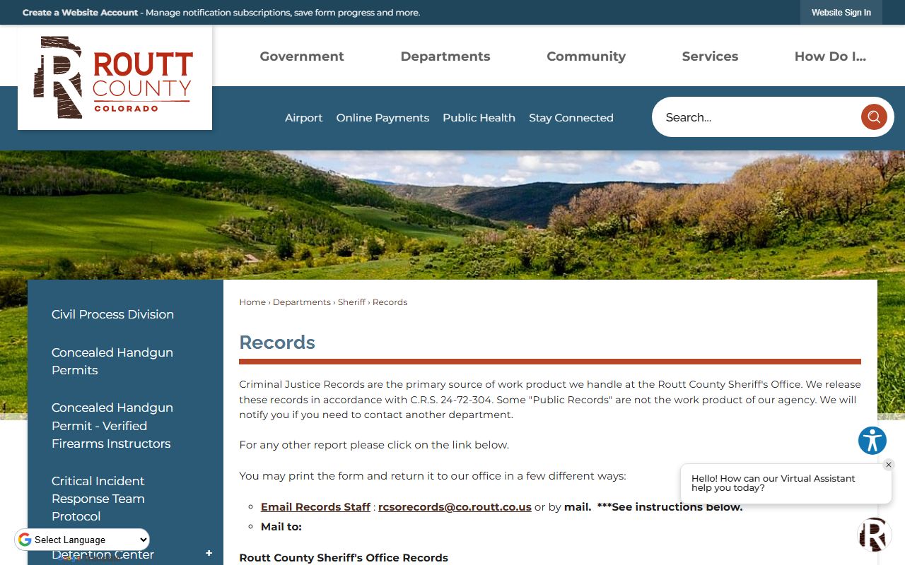Routt County Sheriff Records page for criminal justice records requests