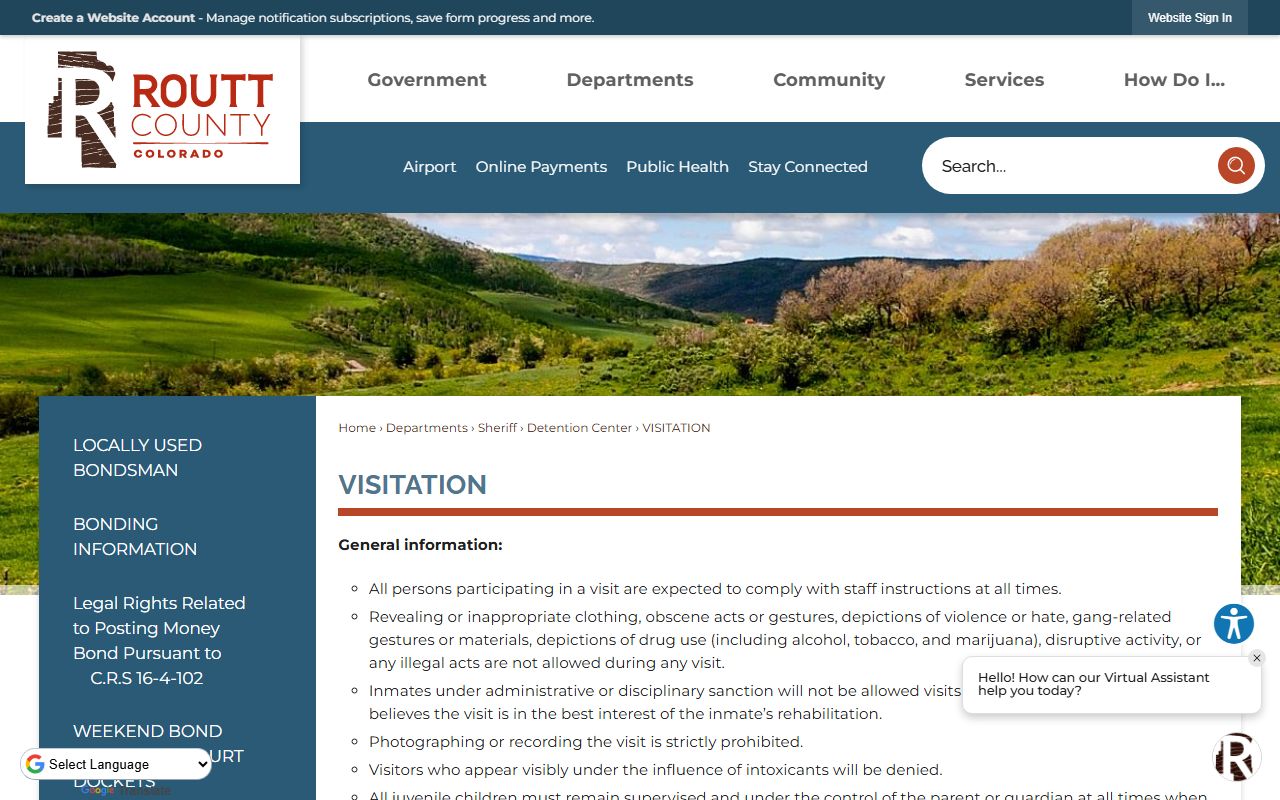 Routt County Detention Center visitation schedule and inmate visit rules