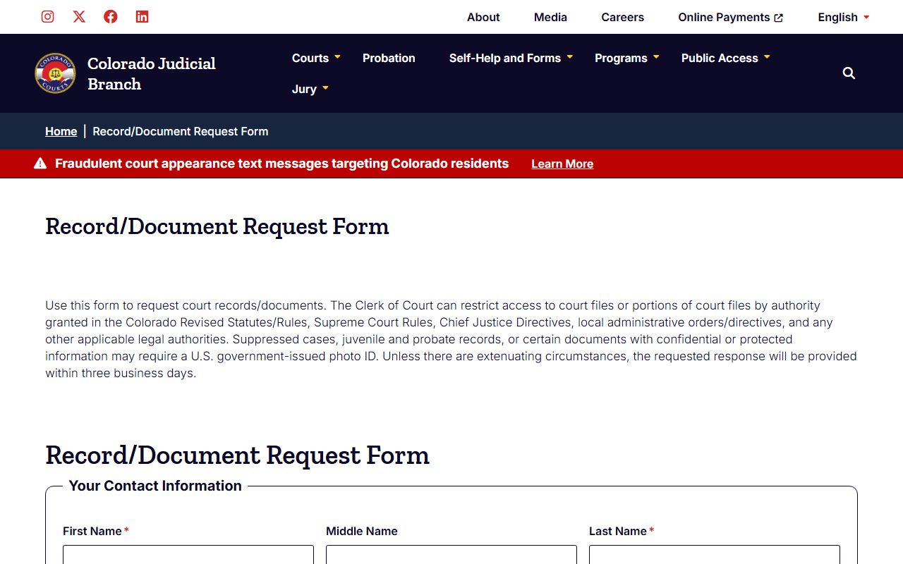 Colorado Judicial Branch record document request form